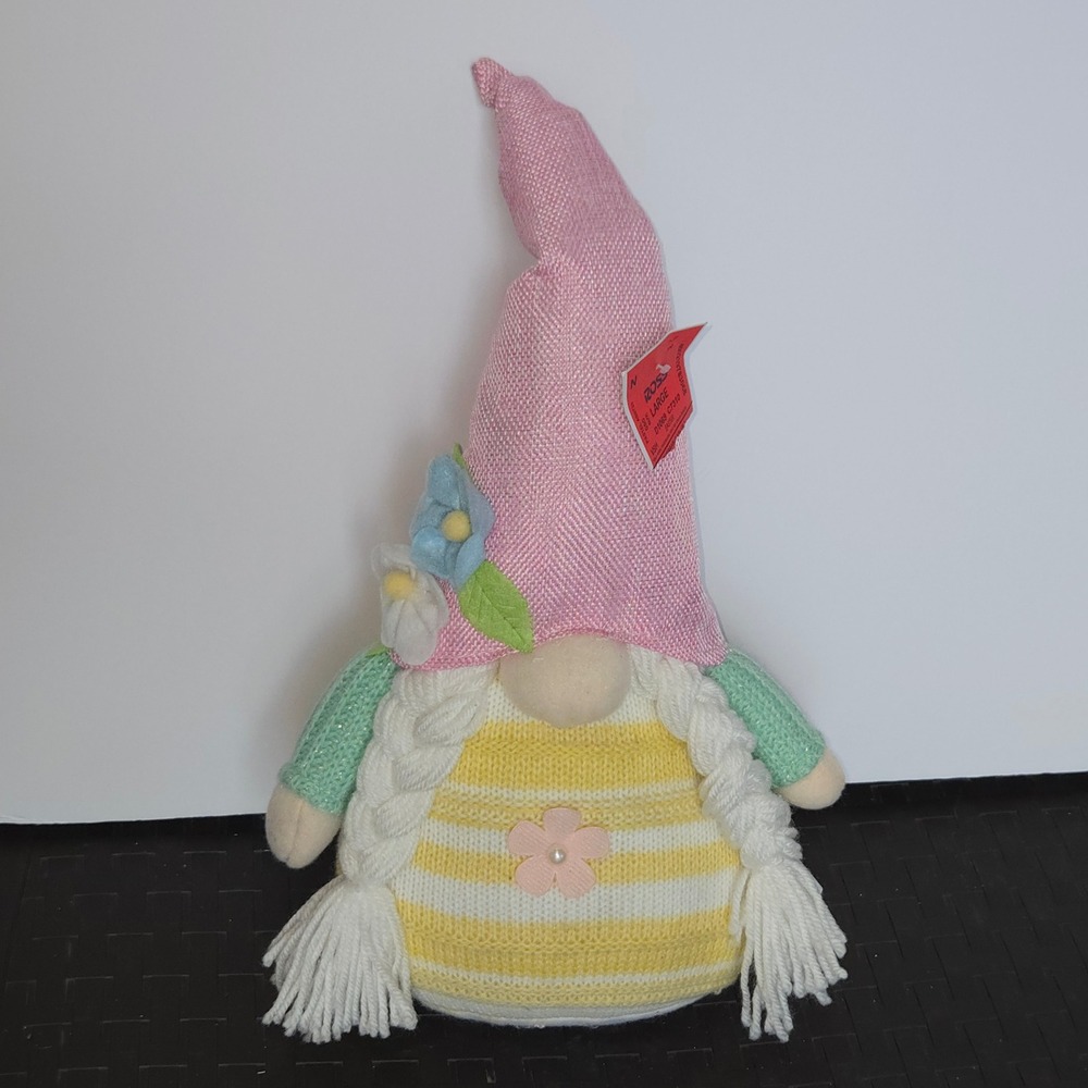 Pastel Spring Gnome Easter Decoration Pink Hat Knit Body Braids 15 Inch Large